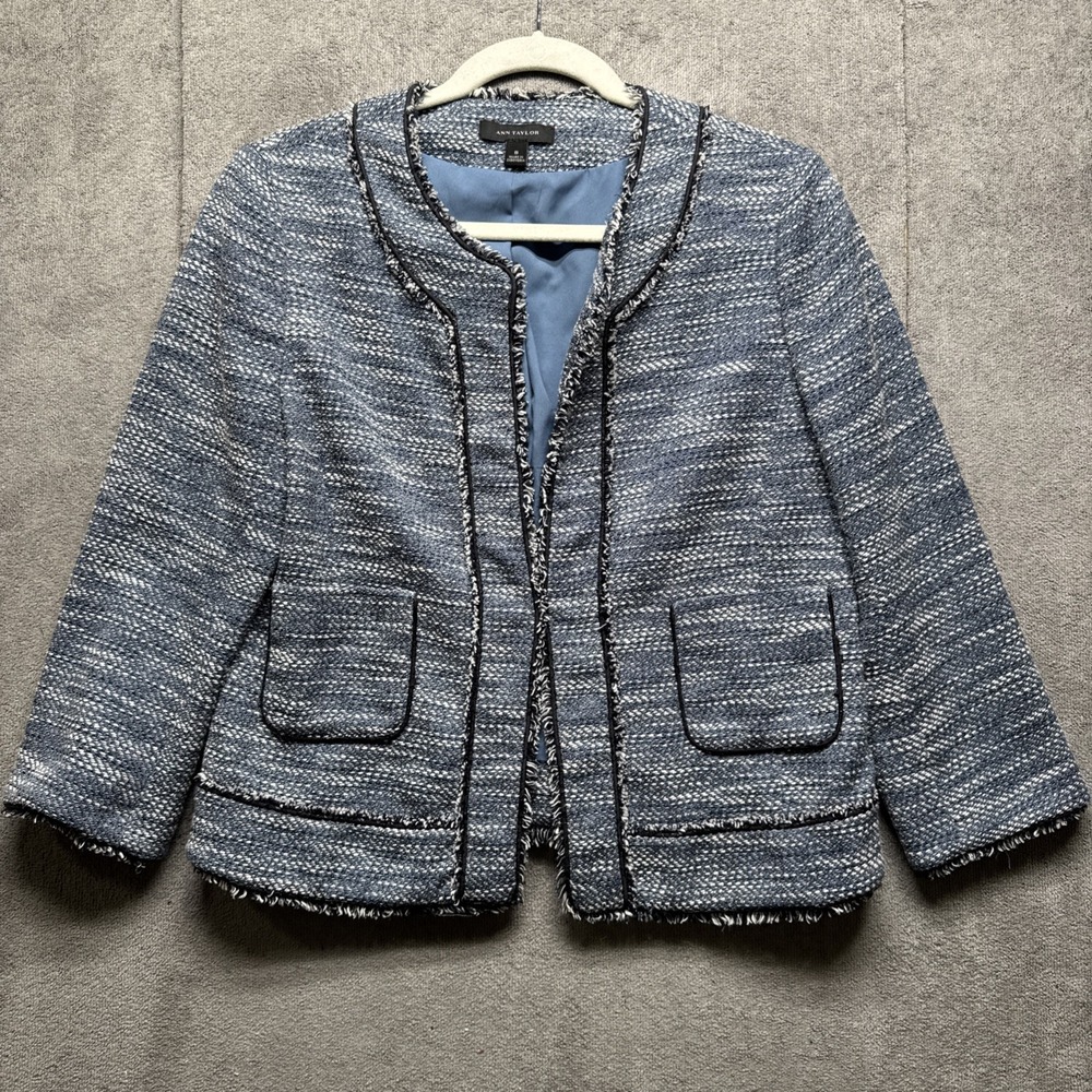 Ann Taylor Lady Jacket Womens 8 Blue Tweed Fringe Blazer Office Career Interview